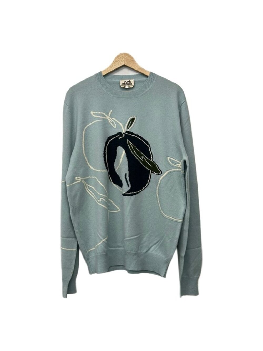 Hermes Long Sleeve Sweater Light Blue Ivory Green Crew Neck Apple L
